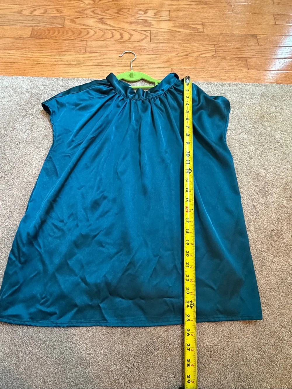 New XL 12 SHEIN satin Cap Sleeve blouse mock neck tie neck teal turquoise
